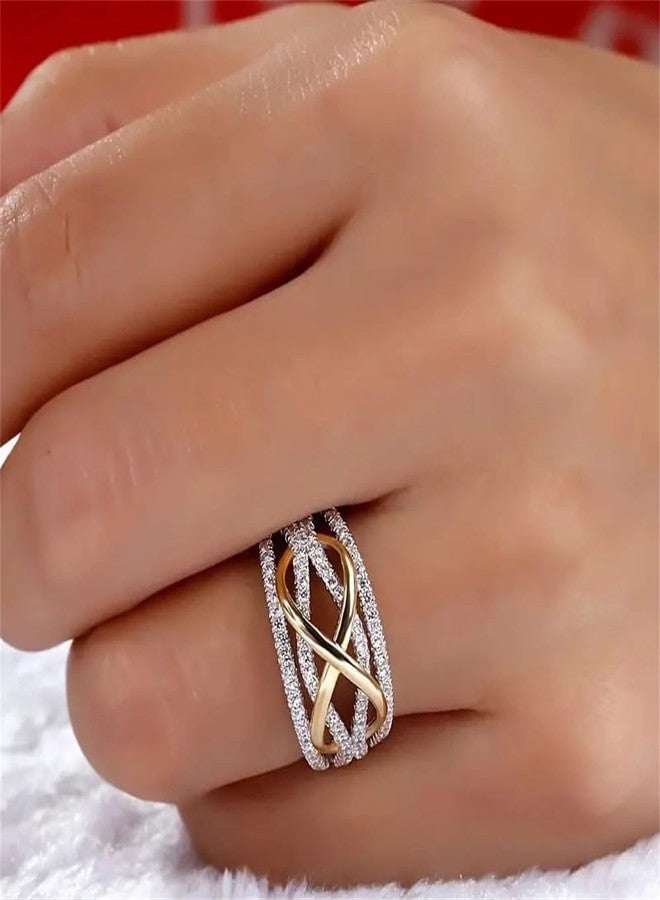 AZQ 925 Sterling Silver Shiny Full Diamond Gemstone Ring 18K Gold Cross Cubic Zirconia Promise Rings CZ Multi Row Diamond Cocktail Rings Eternity Engagement Wedding Band Ring for Women A.15 (US Code 12) - Image 1
